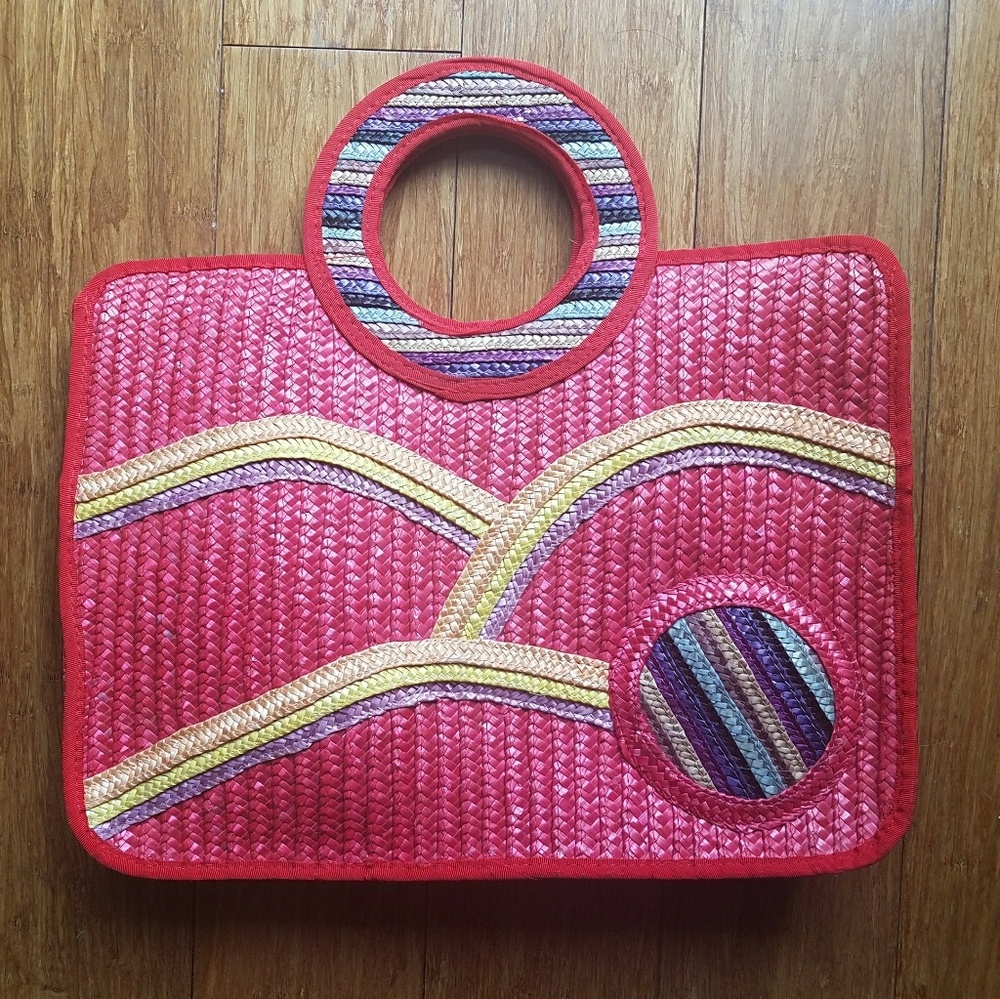 Vintage rainbow wicker straw tote bag purse